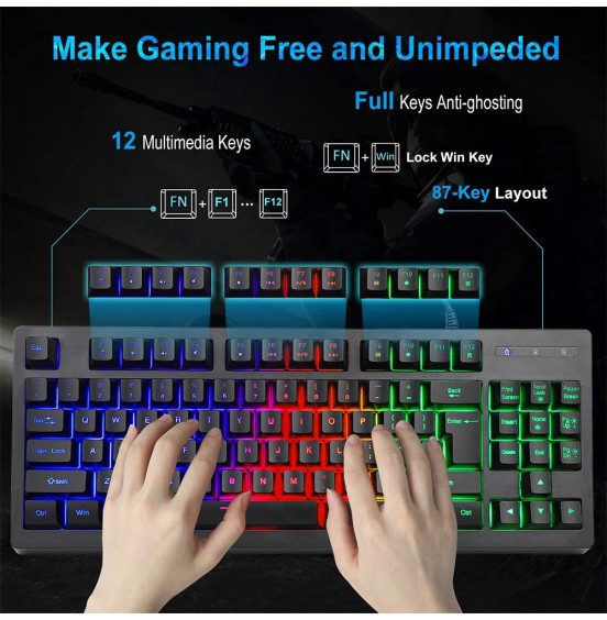 MFTEK RGB Rainbow Backlit Gaming Keyboard and Mouse Combo, LED PC Gaming Headset with Microphone, Large Mouse Pad, Small Compact 87 Keys USB Wired Mechanical Feeling Keyboard for Computer Gamer Office MFTEK RGB Rainbow Backlit Gaming Keyboard and Mouse Combo, LED PC Gaming Headset with Microphone, Large Mouse Pad, Small Compact 87 Keys USB Wired Mechanical Feeling Keyboard for Computer Gamer Office